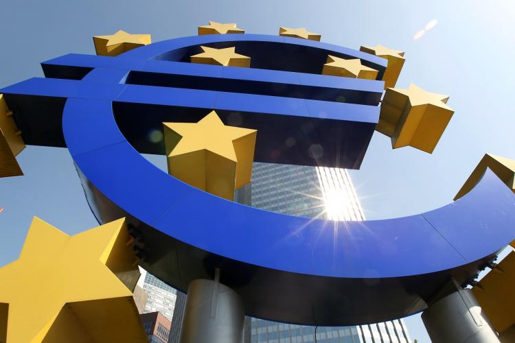The logo of the European currency Euro stands in front of the European Central Bank (ECB) in Frankfurt/M., western Germany, on April 7. The EU economy has posted an impressive 0.8 percent growth in the first quarter of 2011. (Daniel Roland/Getty Images)