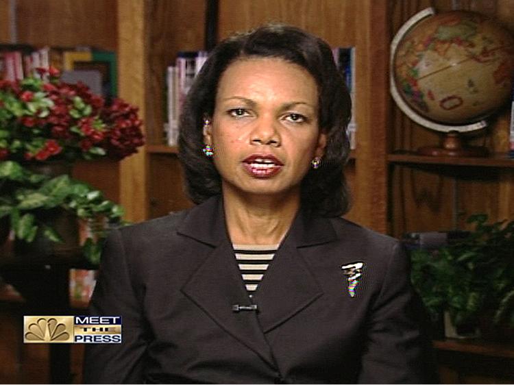 U.S. Secretary of State Condoleezza Rice speaks during a remote interview on 'Meet the Press' at August 17, 2008 from Crawford, Texas. (Meet the Press via Getty Images)