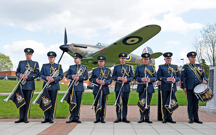 Members of the RAF Fanfare pose for the media after rehearsing for the Royal Wedding of Britain's Prince William and Kate Middleton, at RAF Northolt, west of London, on April 12. (Leon Neal/AFP/Getty Images)