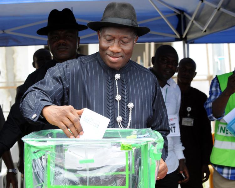 Nigerian President Goodluck Jonathan casts his vote into a ballot box in Otuoke, his country home ward at Ogbia district in Bayelsa State, on April 16.  (Pius Utomi Ekpei/Getty Images)