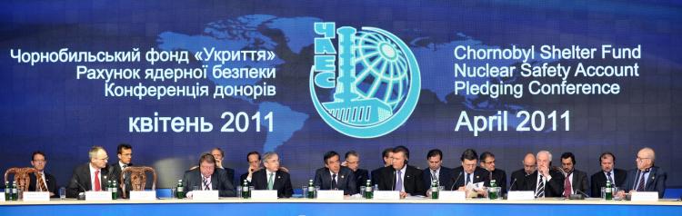 Representatives from various nations attend the Chernobyl Shelter Fund Nuclear Safety Account Pledging Conference, in Kiev, on April 19. International leaders have pledged 575 million euros (820 million dollars) to complete a permanent shelter around Ukraine's exploded Chernobyl reactor.  (Sergei Supinsky/Getty Images)