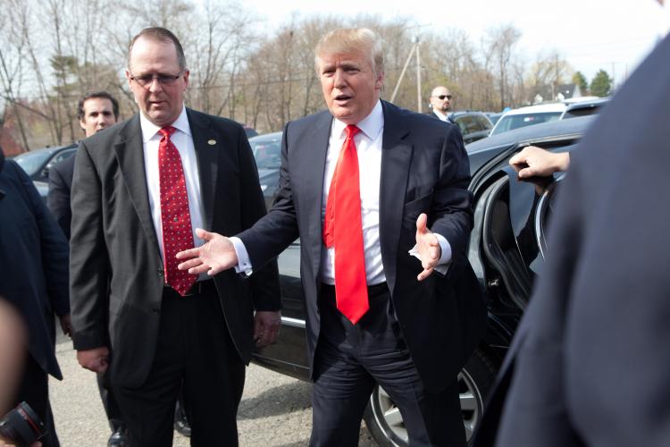 Donald Trump arrives at Newick's Lobster House on April 27 in Dover, New Hampshire. Trump is testing the waters for a possible run for the Republican presidential nomination. (Matthew Cavanaugh/Getty Images)