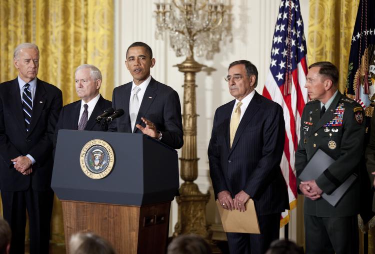 President Barack Obama announces four new appointments to the national security team in the East Room of the White House on Thursday afternoon. The president is joined by Vice President Joe Biden (L), Secretary of Defense Robert M. Gates (2L), Director of the Central Intelligence Agency (CIA) Leon Panetta (2R) and Army Gen. David Petraeus (R). (Brendan Smialowski/Getty Images)
