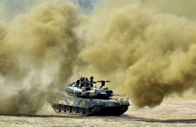 A South Korea's K1 tank moves through smoke during a joint military drill between South Korea and the US in Paju near the inter-Korean border on June 8, 2011. (Jung Yeon-Je/AFP/Getty Images)