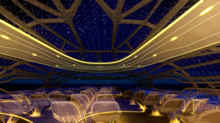 In this photo illustration provided by Airbus on June 14, 2011, the bionic structure and interactive membrane of the Airbus Concept Cabin, as imagined in 2050, would allow passengers to view the night sky while traveling. (Photo Illustration by Airbus via Getty Images)