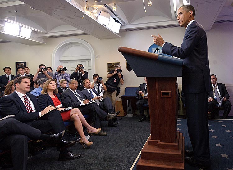 US President Barack Obama delivers a statement in the Brady Briefing Room July 19,at the White House and said that 'some progress' has been made in tough budget talks, but said the 11th hour had arrived for reaching a deal.  (MANDEL NGAN/AFP/Getty Images)