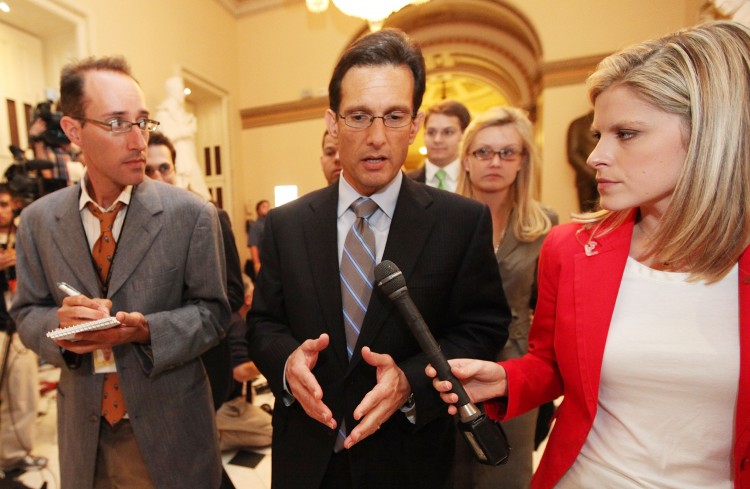 House Majority Leader Eric Cantor (R-VA) (C), speaks with reporters after the House voted to raise the debt ceiling at the U.S. Capitol on August 1, in Washington, DC. (Mario Tama/Getty Images)