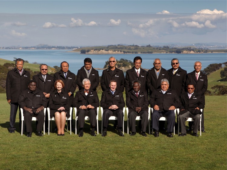 Pacific leaders (Back row L-R) Prime Ministers Henry Puna of Cook Islands and Peter O'Neill of Papua New Guinea, Jurelang Zedkaia Pres. Marshall Islands, Lord Tu'ivakano PM of Tonga, Toke Talagi Premier of Niue, Emanuel Mori Pres. of Micronesia, Willy Telavi PM of Tuvalu, Johnson Toribiong Pres. of Talauon, Anote Tong Pres. of Kiribati and ( Front row (L-R) Prime Ministers, Danny Philip Prime of Solomon Islands and Julia Gillard of Australia, Tuiloma Neroni Slade Secretary General, John Key PM of New Zealand, Vanuatu Representive Athy Sineon, Tuilaepa Lupesoliai Sailele Malielegaoi, PM of Samoa and Marcus Stephen Pres. of Nauru in Auckland, for the 42nd Pacific Island Forum. (Bradley Ambrose/AFP/Getty Images)