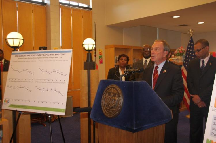 Mayor Bloomberg speaking at a local school on Monday on math improvement. (Jianguo Wu/The Epoch Times)
