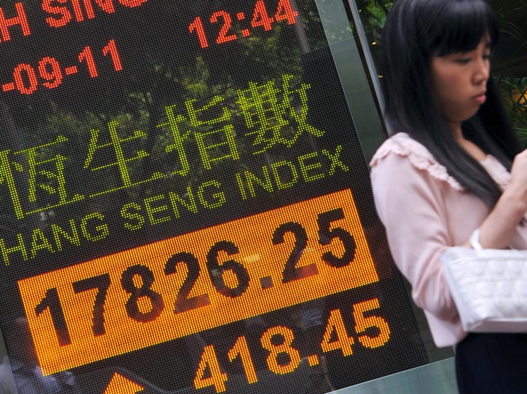 the Hang Seng stock market index in Hong Kong on Sept. 27, 2011.  (Laurent Fievet/AFP/Getty Images)