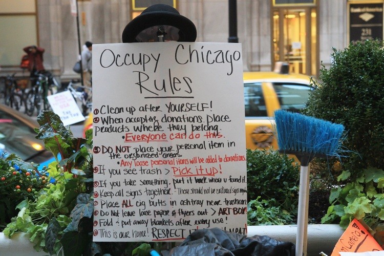 Rules for demonstrators with Occupy Chicago to follow are posted on a cart at the protest site in the financial district October 5, 2011 in Chicago, Illinois. (Scott Olson/Getty Images)