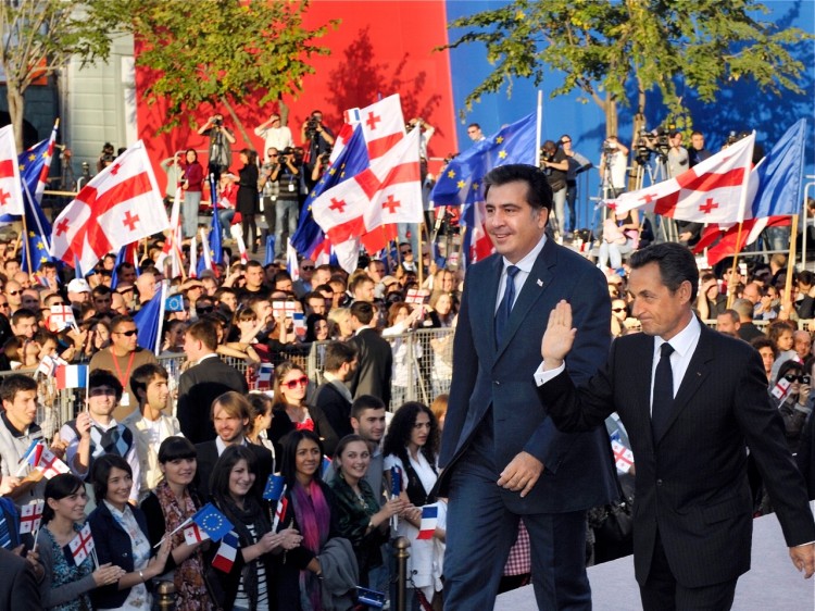 Georgia's President Mikheil Saakashvili (L) and France's President Nicolas Sarkozy (R) arrive at Freedom Square, in Tbilisi, on Oct. 7, 2011.  (Philippe Wojazer/AFP/Getty Images)