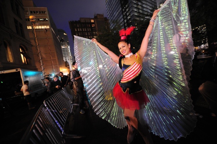 A costumed member of Occupy Wall Street stands on Zuccotti Park in New York, on October 14, 2011. (Emmanuel Dunad/AFP/Getty Images)