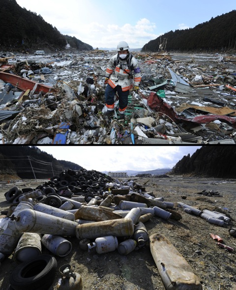 This combination shows a rescue worker walking through rubble in the tsunami hit area