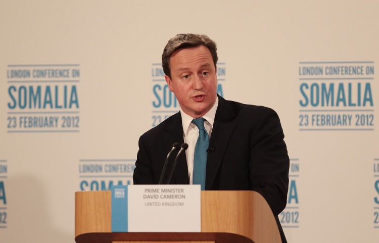 Prime Minister David Cameron speaks during a press conference at The Foreign and Commonwealth Office on February 23, 2012 in London, England. Prime Minister David Cameron is hosting the one day conference on Somalia with UN Secretary General Ban Ki Moon, US Secretary Of State Hilary Clinton and representatives from 40 governments attending to discuss terrorism, famine and security issues involving Somalia. (Photo by Peter Macdiarmid - WPA Pool/Getty Images)