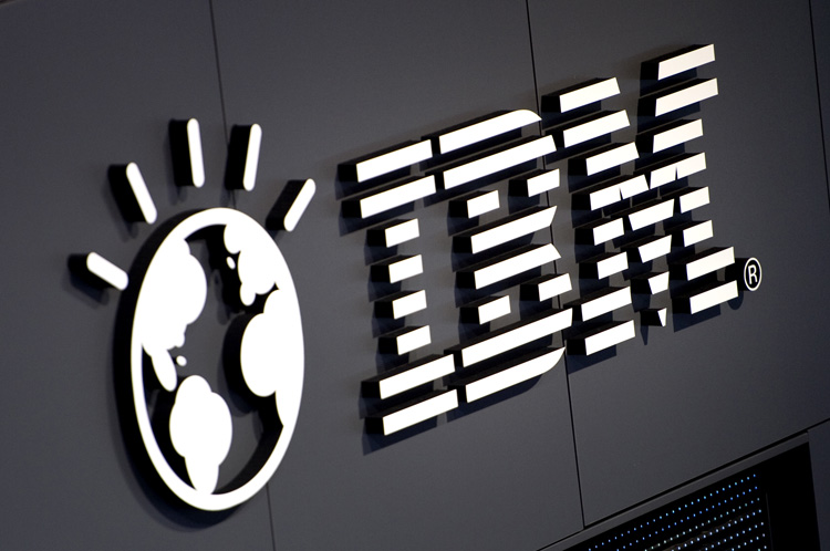 The logo of IBM is seen at their booth
