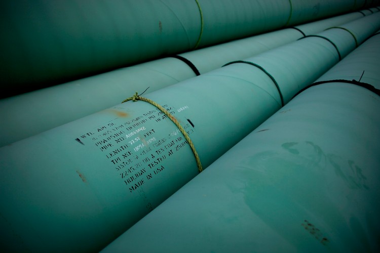 A photo shows pieces of the KeyStone XL pipeline on March 22, 2012 in Cushing, Oklahoma. (Tom Pennington/Getty Images)