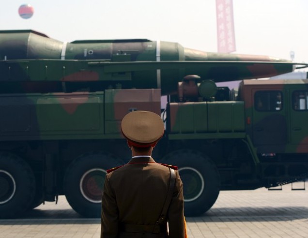 A military vehicle carries what is believed to be a class missile Intermediary Range Ballistic Missile during a military parade to mark the 100th birth of the country's founder Kim Il-Sung in Pyongyang on April 15, 2012. (Pedro Ugarte/AFP/Getty Images)