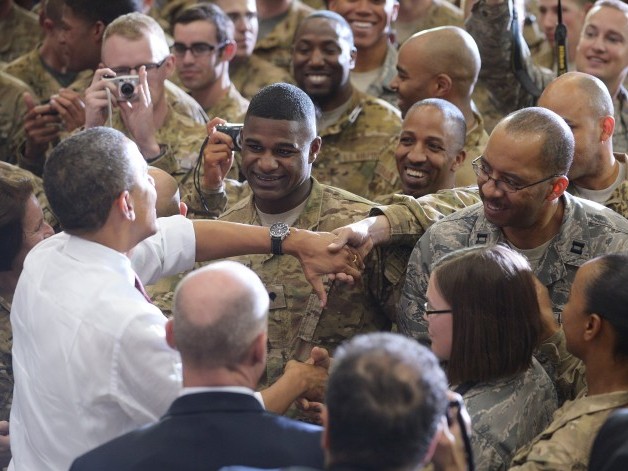 President Barack Obama greets troops during a visit to Bagram Airfield