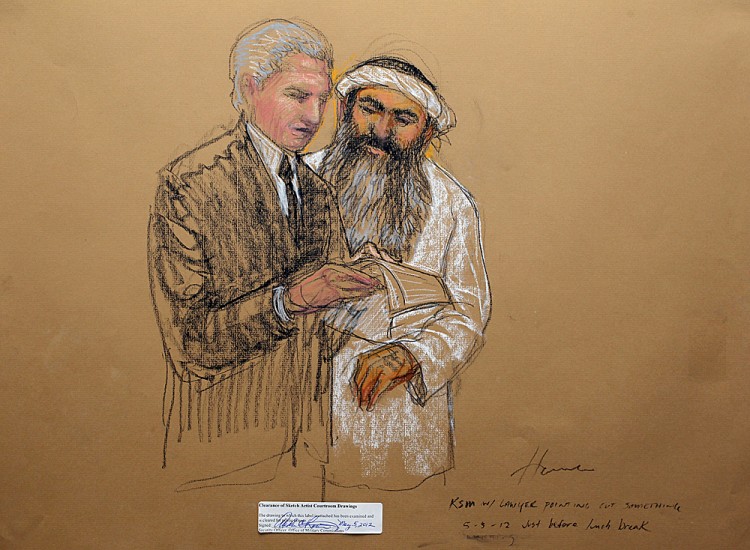 In this courtroom drawing, Khalid Sheik Mohammed consults his attorney