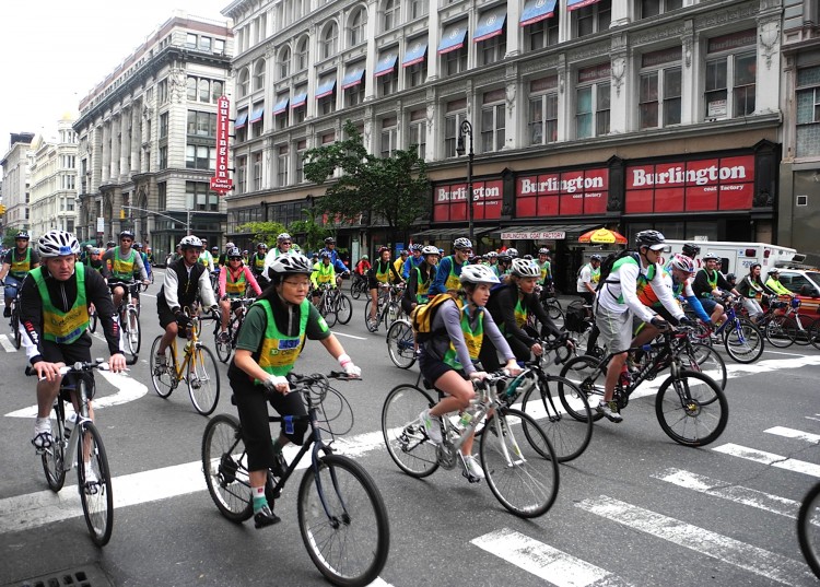 Some of the thousands of bicyclists participating in an earlier event this year who rode a course that took them through all of the five boroughs of New York City