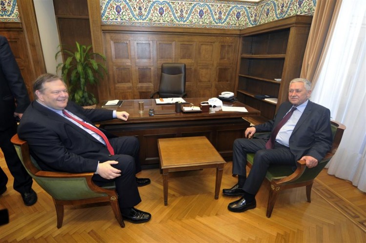 Leader of the left-wing Dimar party, Fotis Kouvelis meets with socialist leader Evangelos Venizelos