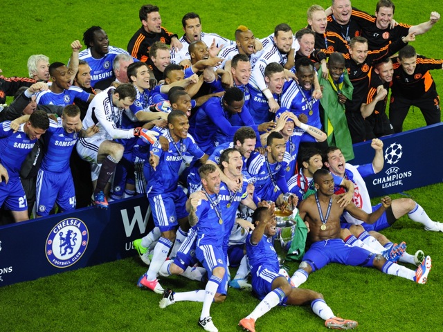 Chelsea players celebrate after being crowned champions of European club
