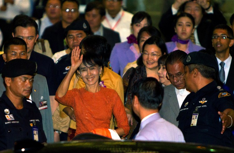 BANGKOK, THAILAND - MAY 29:  Myanmar (Burmese) pro-democracy leader Aung San Suu Kyi leaves the Suvarnabhumi  International airport  on her first international trip in 24 years outside Burma May 29, 2012 in Bangkok, Thailand.  Aung San Suu Skyi arrived in Thailand to attend the World Economic Forum on East Asia. Previously she was either under house arrest or too fearful that she wouldn't be able to return if she left Myanmar.