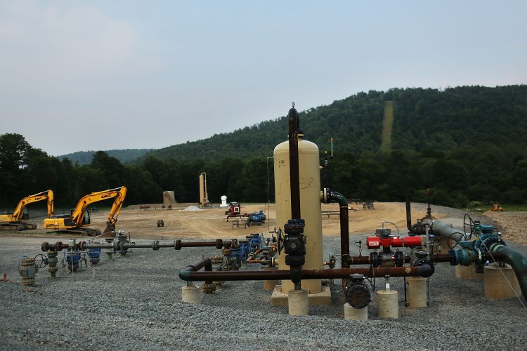 Equipment used for the extraction of natural gas is viewed at a hydraulic fracturing site