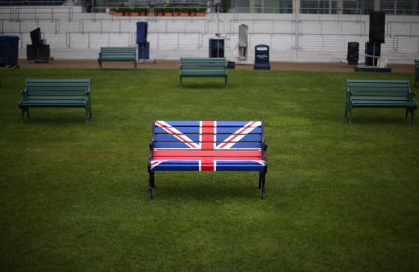 A bench is decorated with a Union Jack flag, Ascot, UK