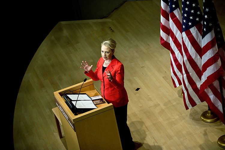 US Secretary of State Hillary Clinton delivers a keynote address during a symposium of genocide prevention at the US Holocaust Memorial Museum July 24, 2012 in Washington, DC. (BRENDAN SMIALOWSKI/AFP/GettyImages)
