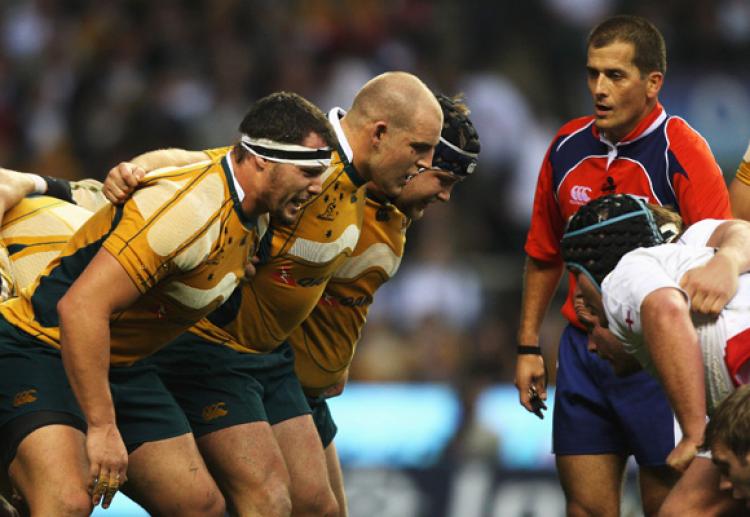 Clash of the packsâ�¦The Australian Wallabies front row of (L to R) Al Baxter, Stephen Moore and Matt Dunning prepare to scrummage against England last weekend during the Northern Tour. (David Rogers/Getty Images)