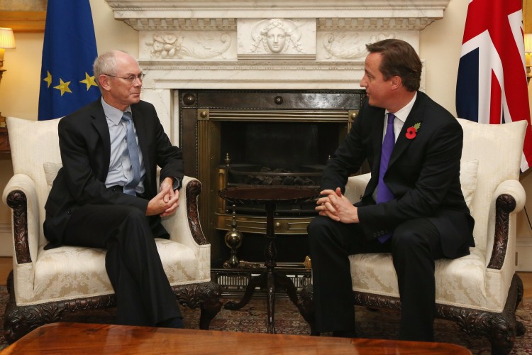 British Prime Minister David Cameron (R) is seen in a meeting with Herman Van Rompuy, President of the European Council, inside Downing Street on Oct. 25 in London. (Oli Scarff - WPA Pool/Getty Images)