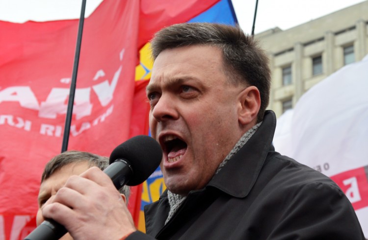 Leader of Ukrainian nationalist party Svoboda (Freedom) Oleg Tyagnybok speaks during a rally of the opposition in front of central election commission in Kiev on November 5, 2012. (Sergei Supinsky/AFP/Getty Images)
