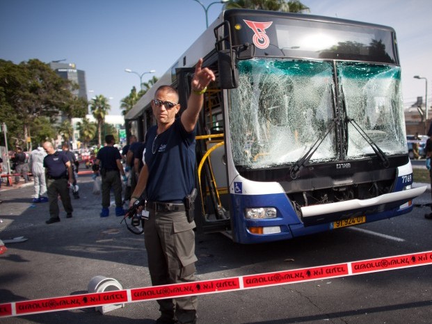 A bus targeted by a terrorist attack on Wednesday is seen in Tel Aviv.
