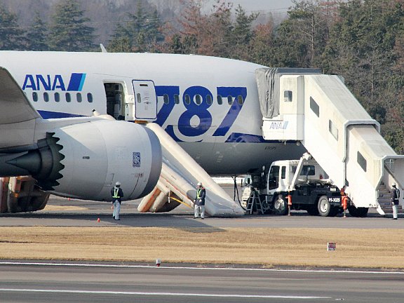 A Boeing 787 Dreamliner operated by All Nippon Airways (ANA) sits on the tarmac after an emergency landing at Takamatsu Airport in Japan after smoke was reportedly seen inside the cabin, Jan. 16. Following the incident, the FAA grounded the fleet of 49 airplanes in service. (JIJI PRESS/AFP/Getty Images)