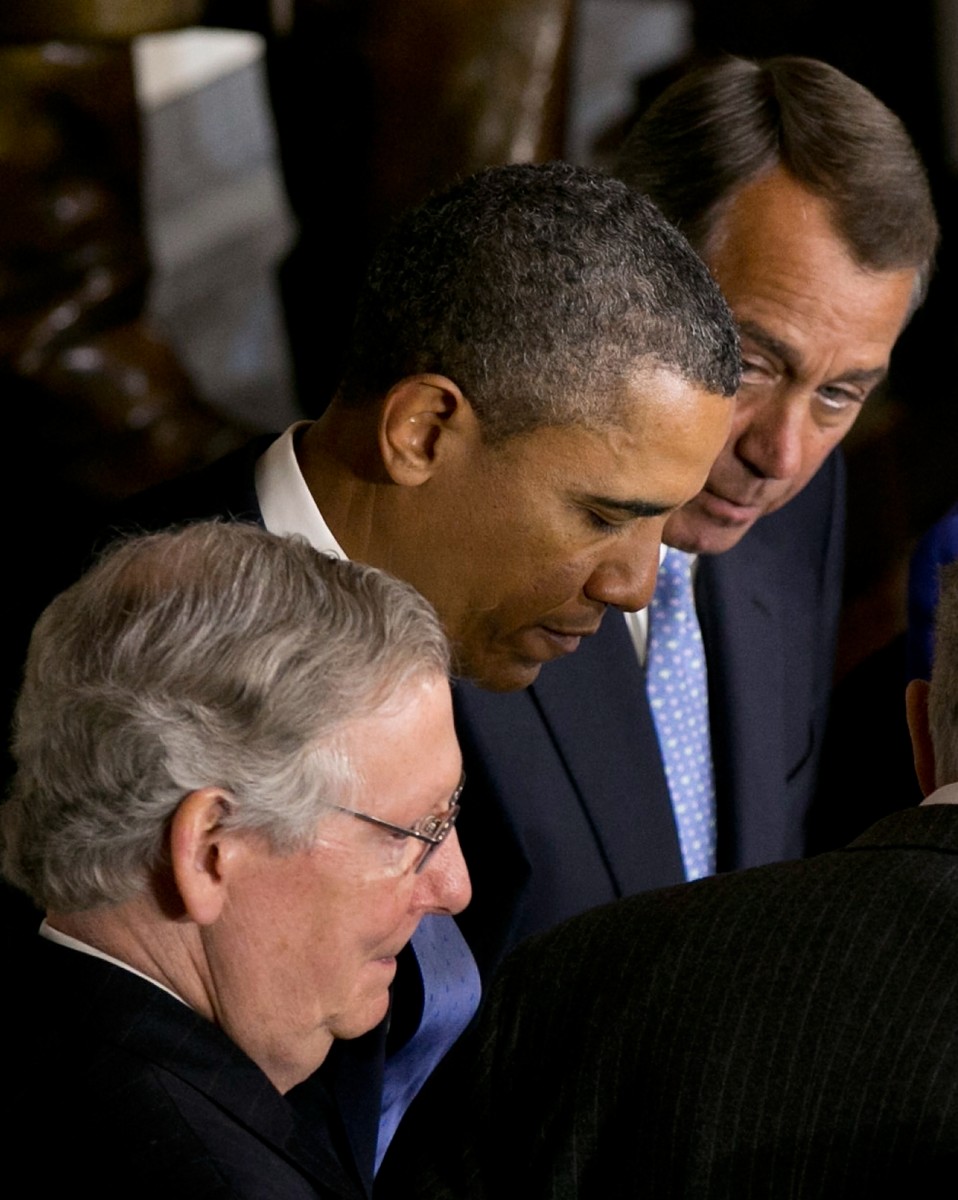 Feb. 27, 2013, in Washington, D.C. Obama and Republican congressional leaders blame each other for blocking a solution to avoid mandatory budget cuts setting in on March 1. (Win McNamee/Getty Images)