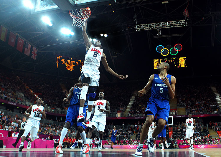 Kevin Durant #5 of United States dunks the ball against France during the men's basketball game on Day 2 of the London 2012 Olympic Games July 29. (Christian Petersen/Getty Images)