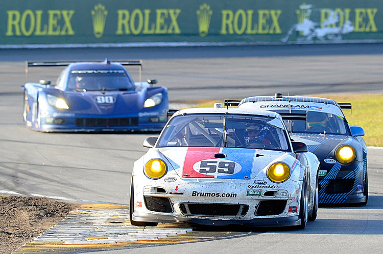 The # 59 GT Brumos Racing Porsche of Leh Keen, Andrew Davis, Hurley Haywood and Marc Lieb are in contention for the class win at the 50th Anniversary Rolex 24 art Daytona. (John Harrelson/Getty Images)