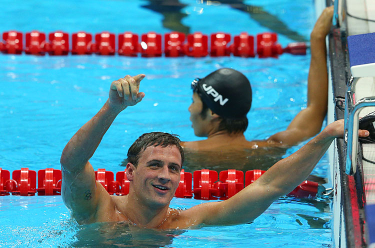 Ryan Lochte of the United States reacts after winning the Final of the Men's 400-meter Individual Medley on Day 1 of the London 2012 Olympic Games, July 28, 2012 in London, England. (Cameron Spencer/Getty Images)