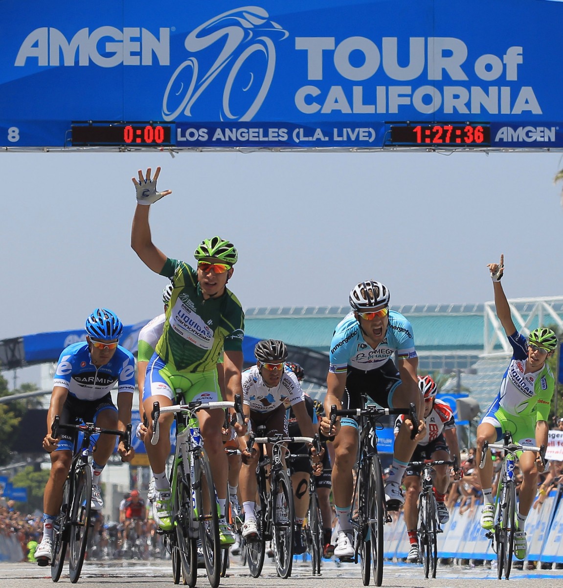 Peter Sagan (2L) of Slovakia of Liquigas-Cannondale celebrates his fifth stage victory in Stage Eight of the Amgen Tour of California. (Doug Pensinger/Getty Images)