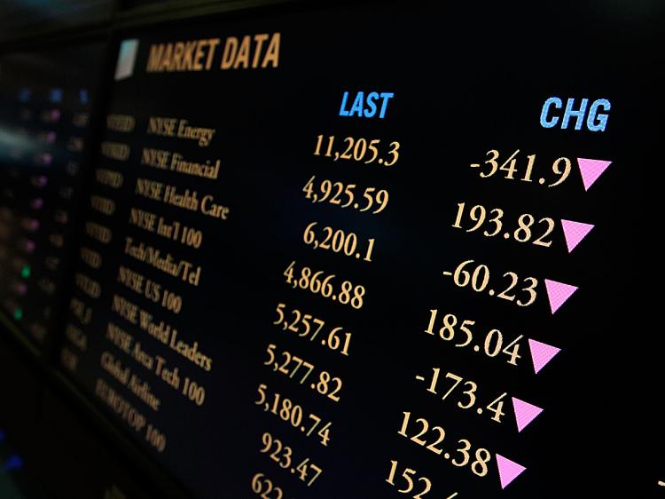 A screen displays the market stock on the floor of the New York Stock Exchange near the end of the trading day May 4, 2010. (Chris Hondros/Getty Images)