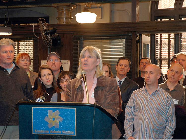TAX BREAKS: Production Unit Manager Mary Rae Thewlis at a press conference on Monday to urge the State and City to extend a tax credit to the film industry.  (Jonathan Weeks/Epoch Times)
