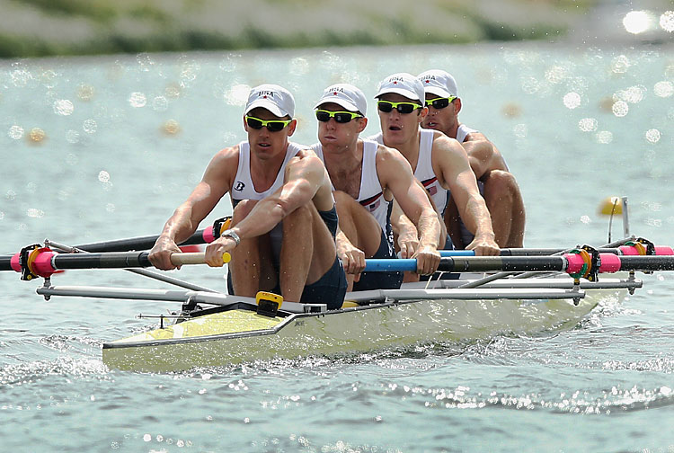 (L-R) Scott Gault, Charles Cole, Henrik Rummel and Glenn Ochal of the United States compete in the Men's Four heats on Day 3 of the London 2012 Olympic Games at Eton Dorney on July 30. (Ezra Shaw/Getty Images)
