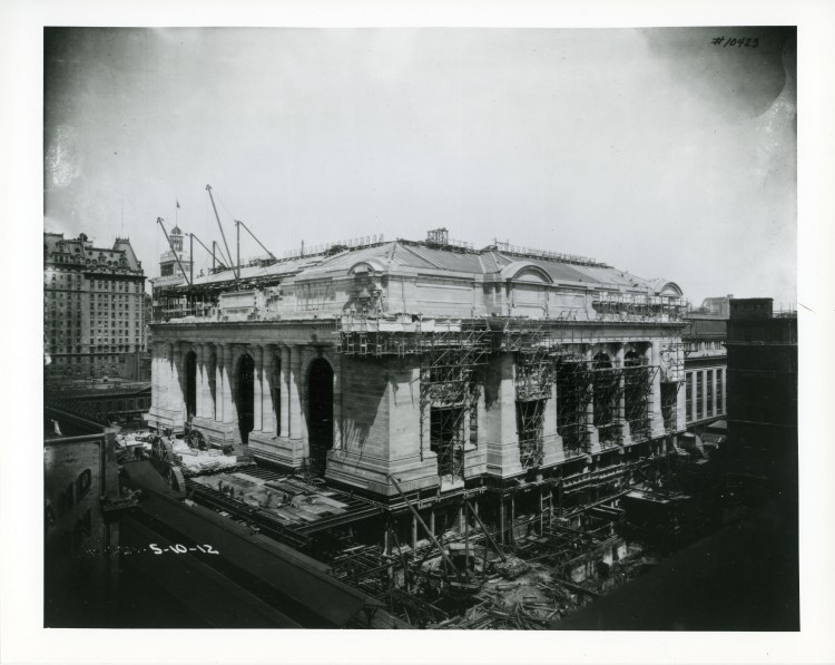 Photo from May 10, 1912 of Grand Central Terminal under construction. Note the absence of skyscrapers, which allows for a clear view of the skyline over the terminal. (Courtesy of MTA/MetroNorth Railroad)