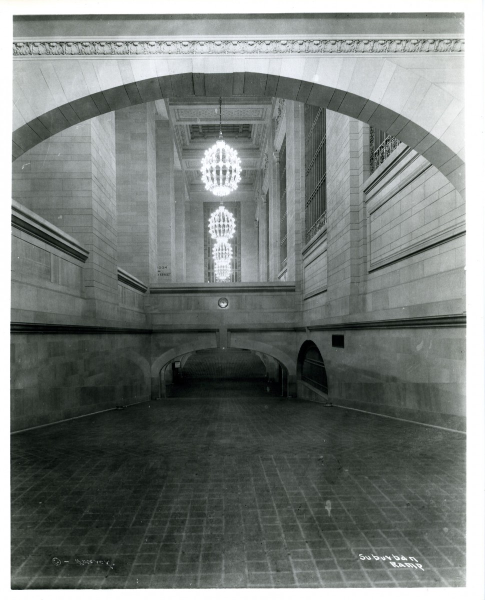  A ramp leads down to the lower level concourse in Grand Central Terminal in an undated photo. Ramps became key to keeping the terminal from getting crowded as they allow for smooth movement of large crowds and baggage. (Courtesy of MTA/MetroNorth Railroad)