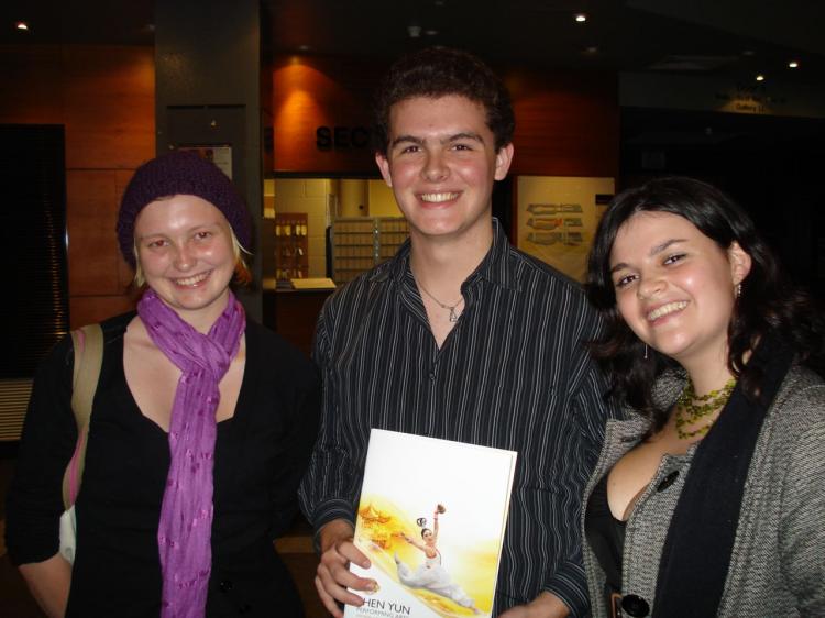 University drama students attend the Shen Yun show on April 9. Lizzy King, Tim Hutton, and fellow student (Jane Andrews/The Epoch Times)