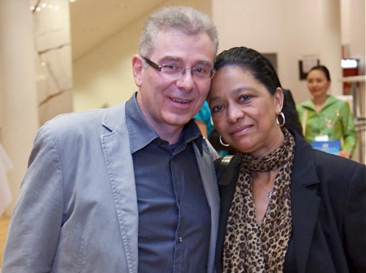 Frank and Angela Eckhardt in the lobby of the Forum am Schlosspark, in Ludwigsburg, Germany. (Jason Wang/The Epoch Times)