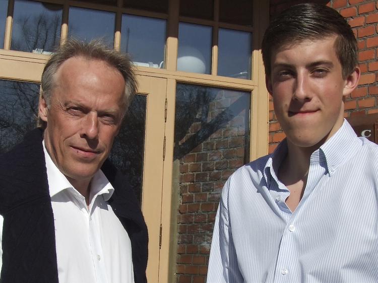 Anton Abele, Sweden's youngest MP (R) and his father, Gunnar Abele, dentist, (L) came to Cirkus, in a summery Stockholm, to see Shen Yun Performing Arts.  (Courtesy of SOH Radio Network)