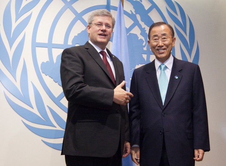 Prime Minister Stephen Harper and UN Secretary-General Ban Ki-moon at UN headquarters in New York. (PMO Photo by Deb Ransom)